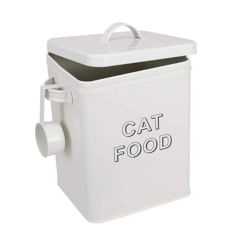 Tin Container Lid - ペット用おやつとフード収納容器、蓋とサービングスクープ付きのブリキ製バケツ型容器、ペットフードビン