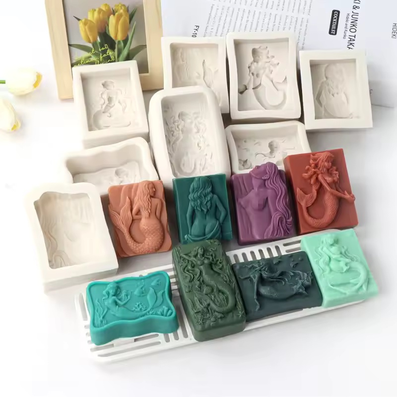 Candle Making Supplies Wholesale - 長方形オーシャンスタイル3DマーメイドキャンドルモールドDIYレリーフマーメイドソープシリコンモールド手作りチョコレートアイスキューブ作成ツールデコレーション