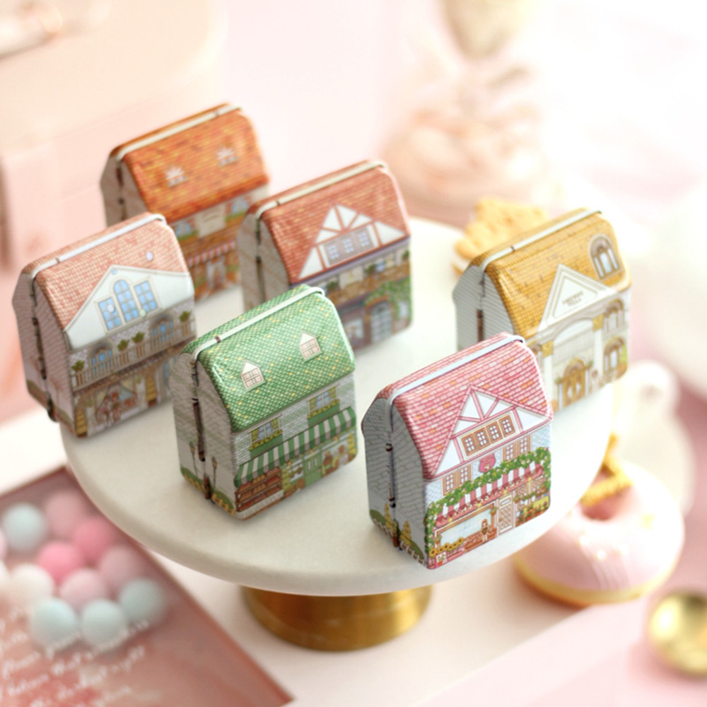 6個入りミニハウス型ブリキ缶メタル収納ボックス、ヒンジ付き蓋 - Tin Container Lid のレビューと価格